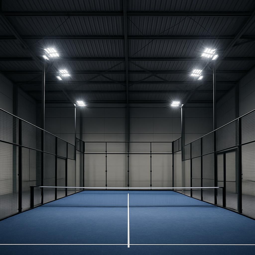 An indoor tennis court with a blue floor, white lines, and black fencing surrounding it. The court is illuminated by brigh...