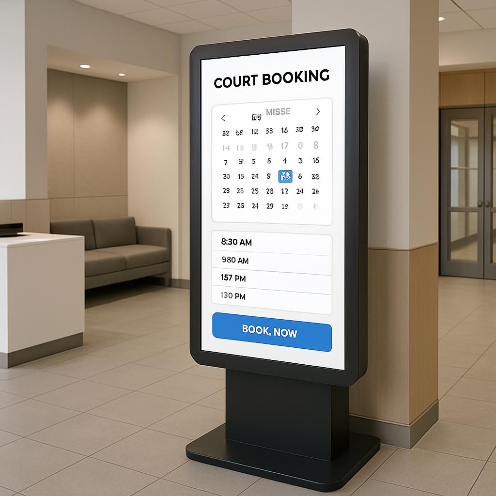 A digital screen displaying a scheduling system for court bookings. ["COURT BOOKING", "8:30 AM", "980 AM", "157 PM", "130 ...